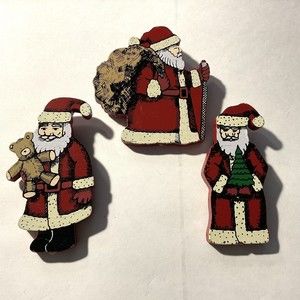 Vintage Wooden Santa  Christmas magnets 3 Pc Lot Father Christmas